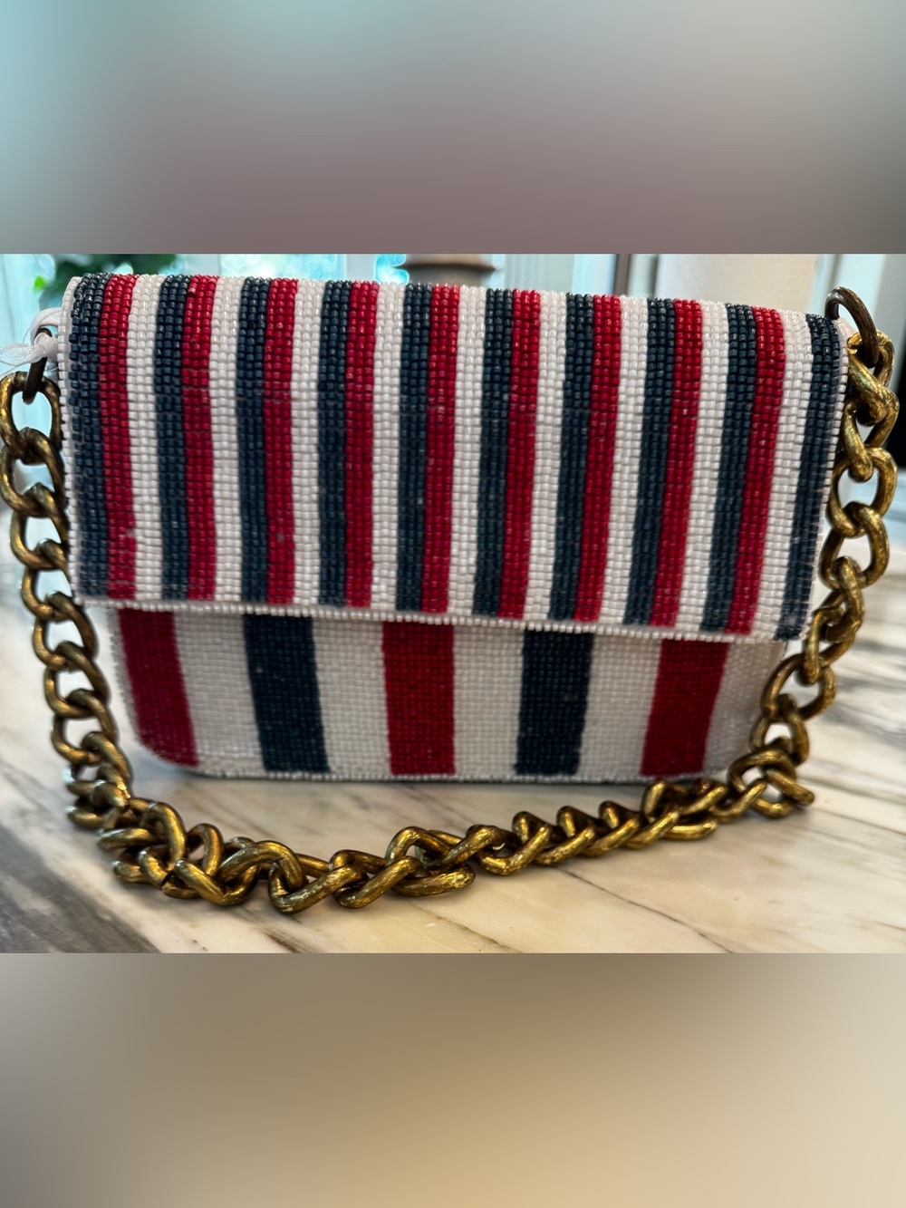 NWT Gorgeous Striped Red White & Blue Beaded Bag